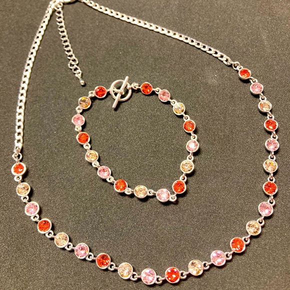 Jewelry - Light and Dark Pink Silver Tone Necklace and Bracelet Set